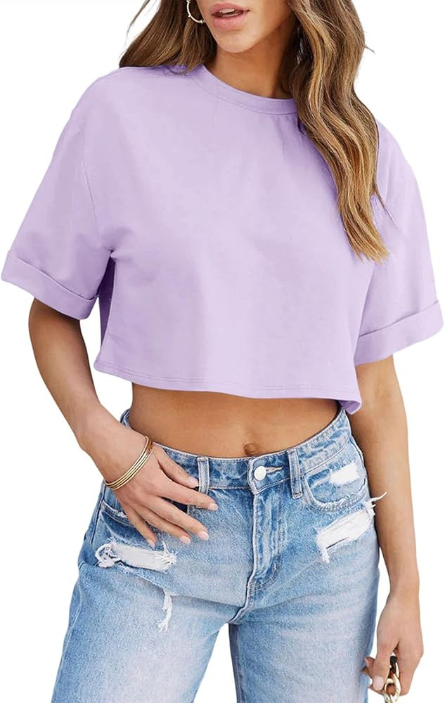 Tankaneo Women Crop T-Shirts Half Sleeve Drop Shoulder Cropped Tops Y2K Casual Summer Basic Tees | Amazon (US)