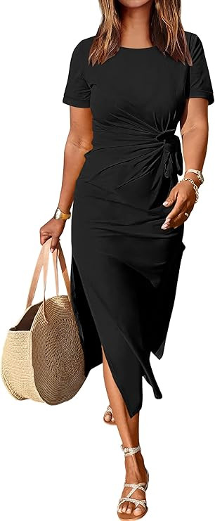 ANRABESS Women’s 2024 Summer Short Sleeve Crewneck T Shirt Maxi Dress Tie Waist Casual Slim Fit... | Amazon (US)