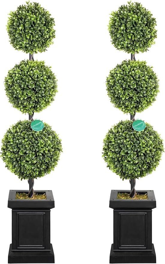 3.5ft Boxwood Outdoor Topiary Set of 2, Tall All Year Green Fake Plant Topiary Trees Artificial O... | Amazon (US)