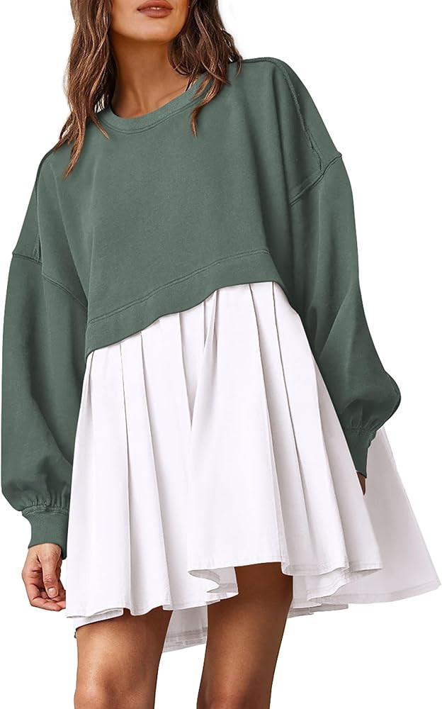 PRETTYGARDEN Women's Casual Sweatshirt Dress Long Sleeve Patchwork Pullover Tops Pleated Mini Dre... | Amazon (US)