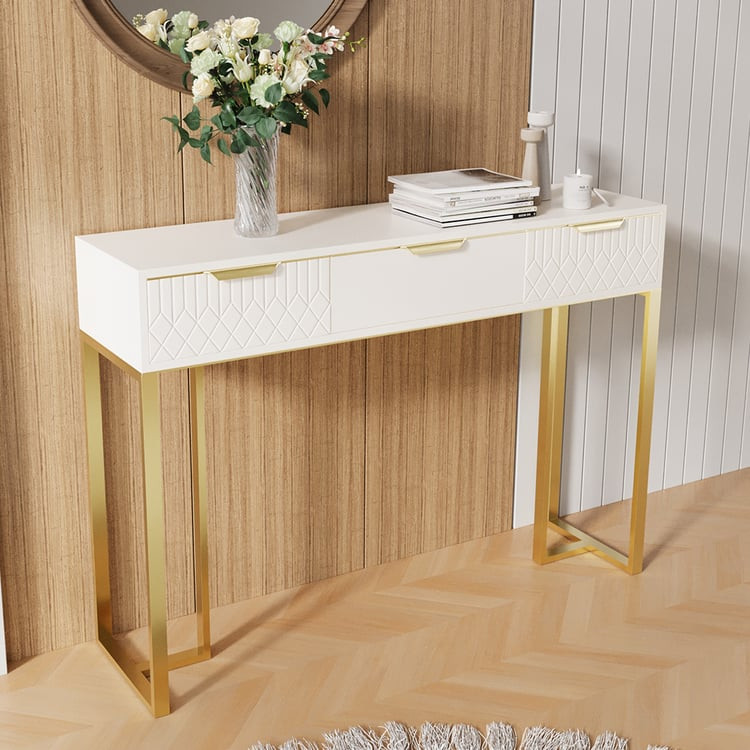Aro 47.2" White & Gold Modern Console Table Rectangular Accent Table Entryway Drawers | Homary