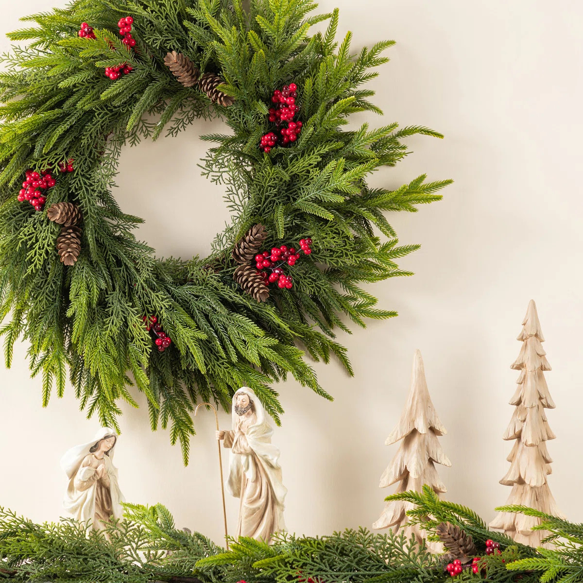 24"D Christmas PE Dripping Wreath With Pinecones And Red Berries | Wayfair North America