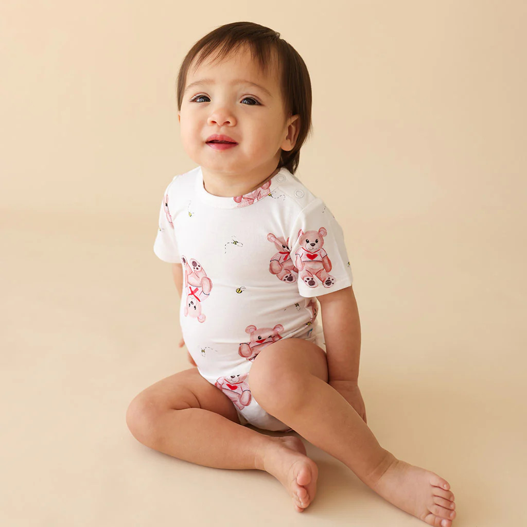 Teddy White Short Sleeve Baby Bodysuit | Theodoromeo | Posh Peanut