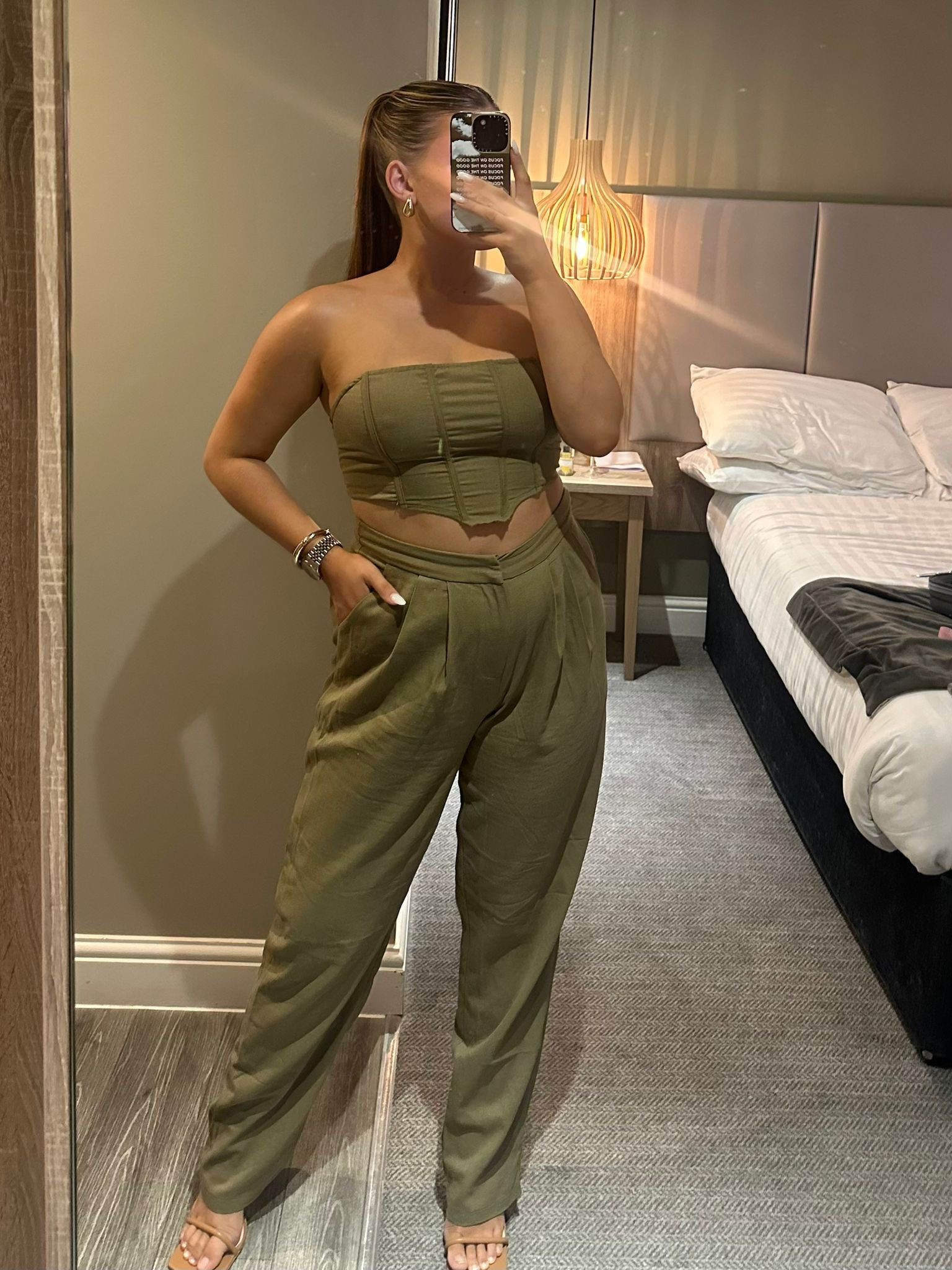 Olive green two piece set, green corset, tailored trousers, wide leg trousers, mule heeled mules, plt 

#LTKSeasonal #LTKeurope #LTKstyletip