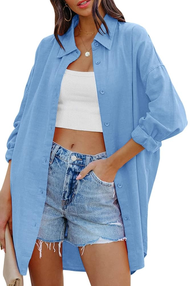 FSHAOES Womens Oversized Button Down Shirts Casual Loose Long Sleeve Solid Lapel Long Blouses Top... | Amazon (US)