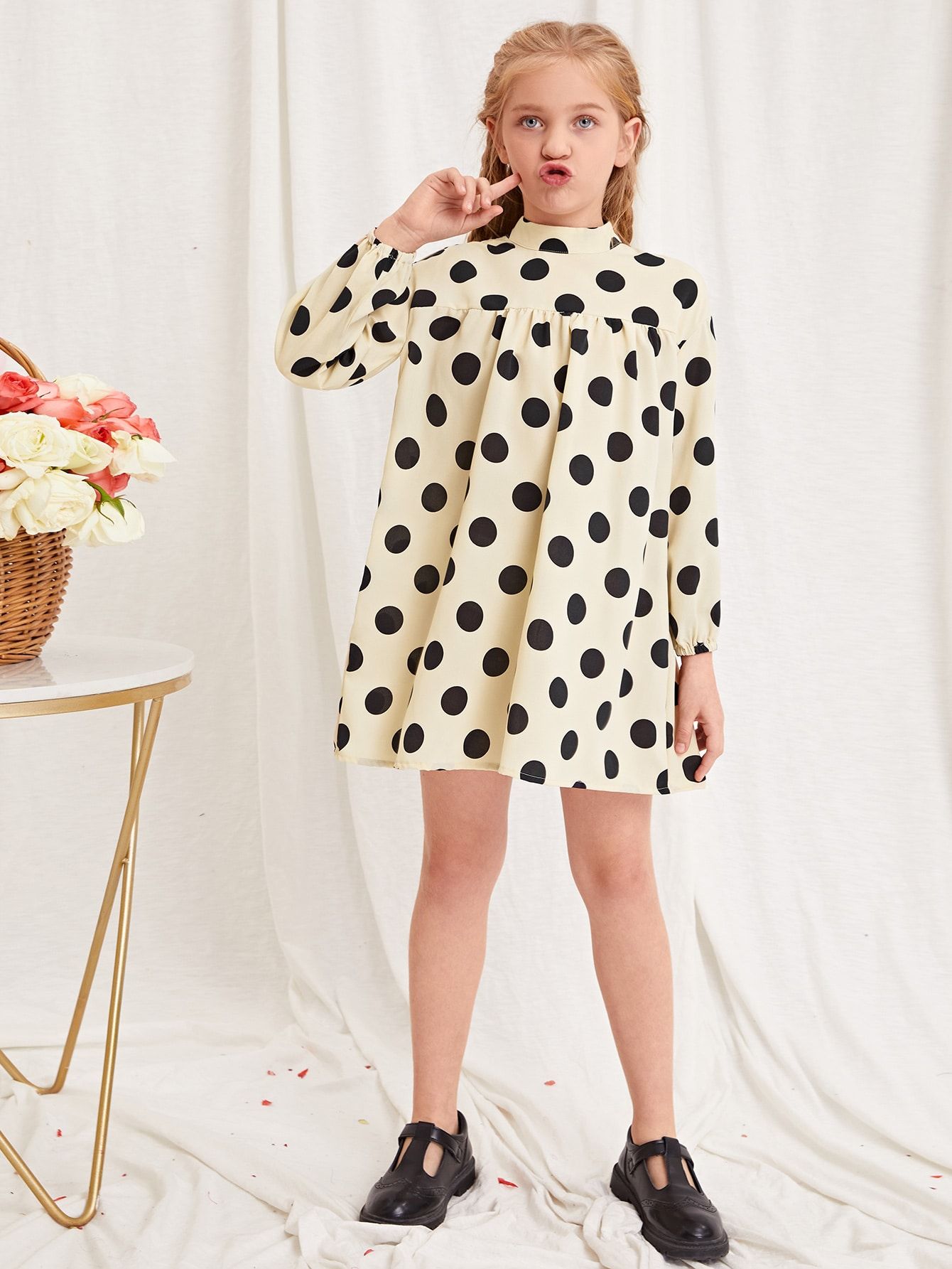 NEWSHEIN Girls Mock Neck Polka Dot Print Dress | SHEIN