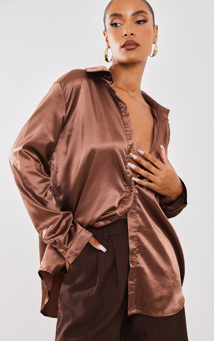 Chocolate Satin Button Front Shirt | PrettyLittleThing US