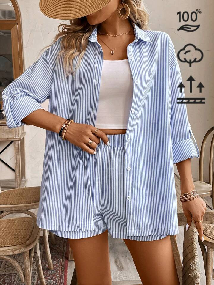 SHEIN Frenchy Women's Fashion Vertical Stripe Shirt And Shorts Set Commute Minimalist Office Old Money Simple Cotton | SHEIN