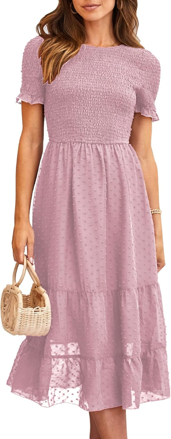 NOLLSOM Women Short Ruffle Sleeve Summer Dresses 2023 Solid Crew Neck Smocked Swiss Dots Boho Dre... | Amazon (US)