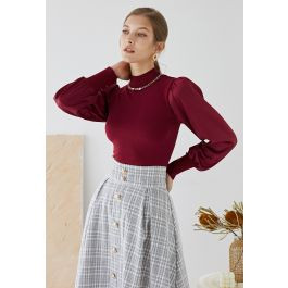 Mock Neck Satin Spliced Knit Top in Burgundy | Chicwish