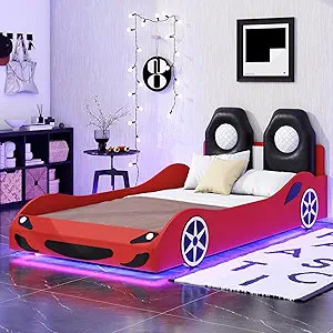 Bellemave Wood Twin Size Race Car-Shaped Platform Bed with LED and Upholstered Backrest, Kid's Pl... | Amazon (US)