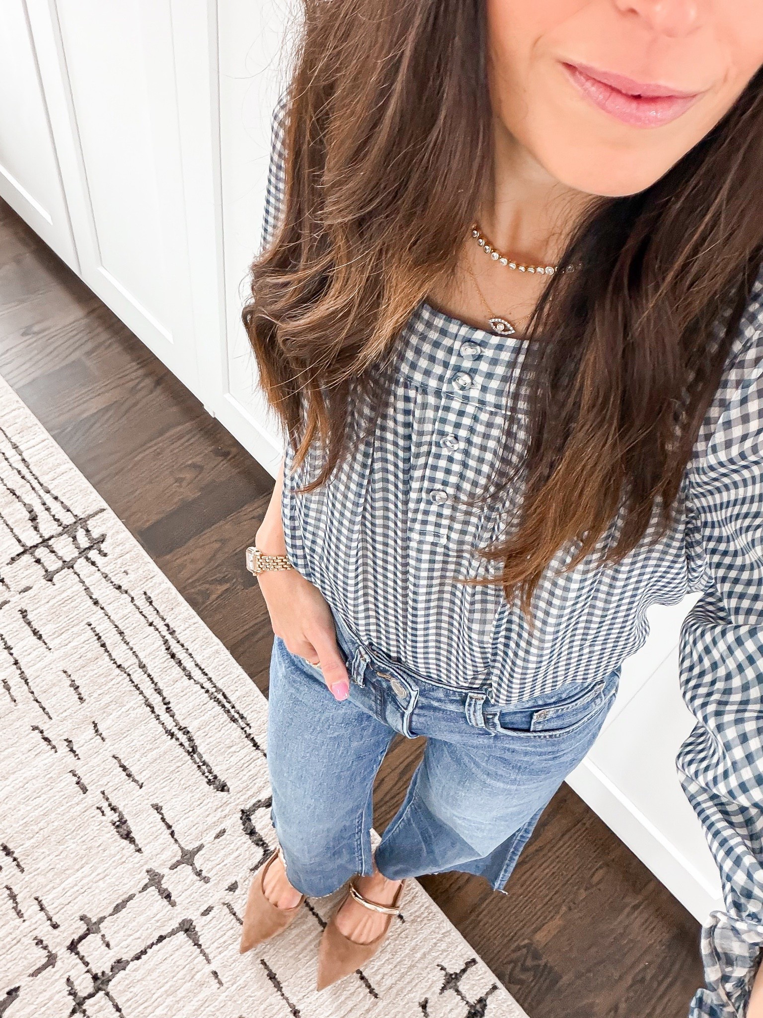 A gingham blouse and good jeans is such a timeless combo… would you wear this? 🤍 wearing xs top and size 0 jeans 

#LTKOver40 #LTKootd #LTKgrwm