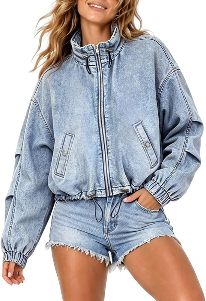 utcoco Jean Jacket Women Trendy Casual Zip Up Denim Jacket with Pockets | Amazon (US)
