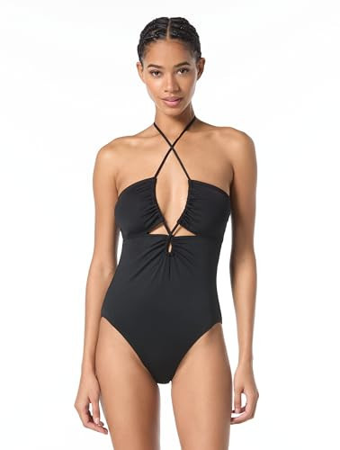 Michael Kors Swimwear Women's Solid Laced Keyhole Halter One Piece, Black, 12 | Amazon (US)
