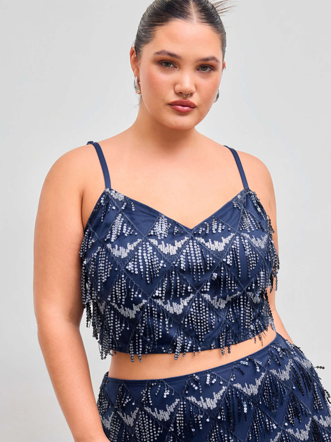 Sequins Sweetheart Solid Fringe Crop Cami Top Curve & Plus... | Cider