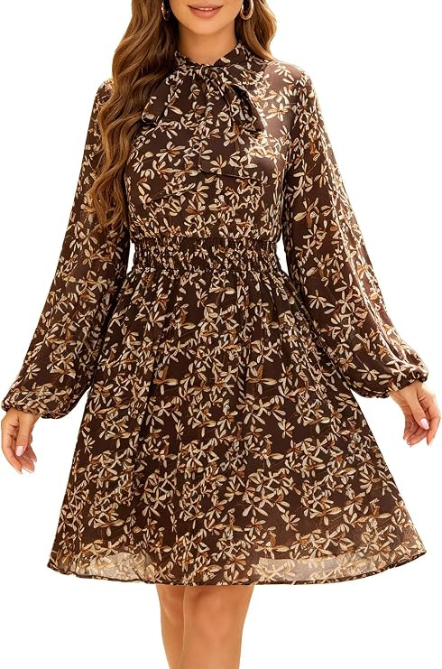 Women's Long Sleeve Bow Tie Smocked Chiffon Empire Waist Elegant Midi Dress | Lightweight Flowy A... | Amazon (US)