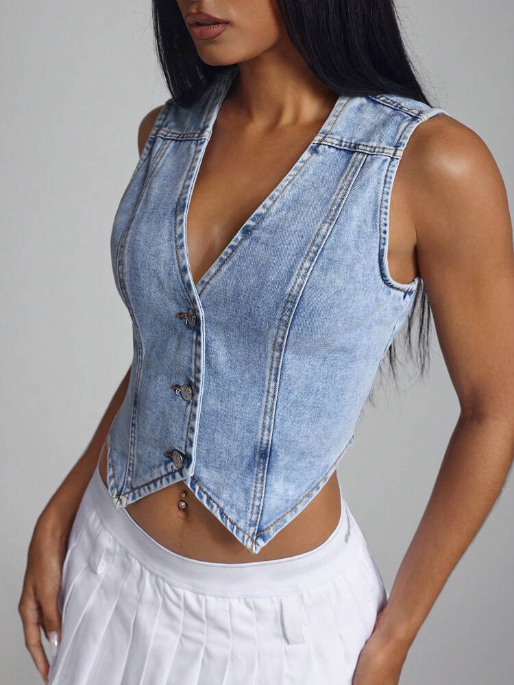 Jeanoix Women's Summer V-Neck Single-Breasted Short Casual Denim Vest Top | SHEIN
