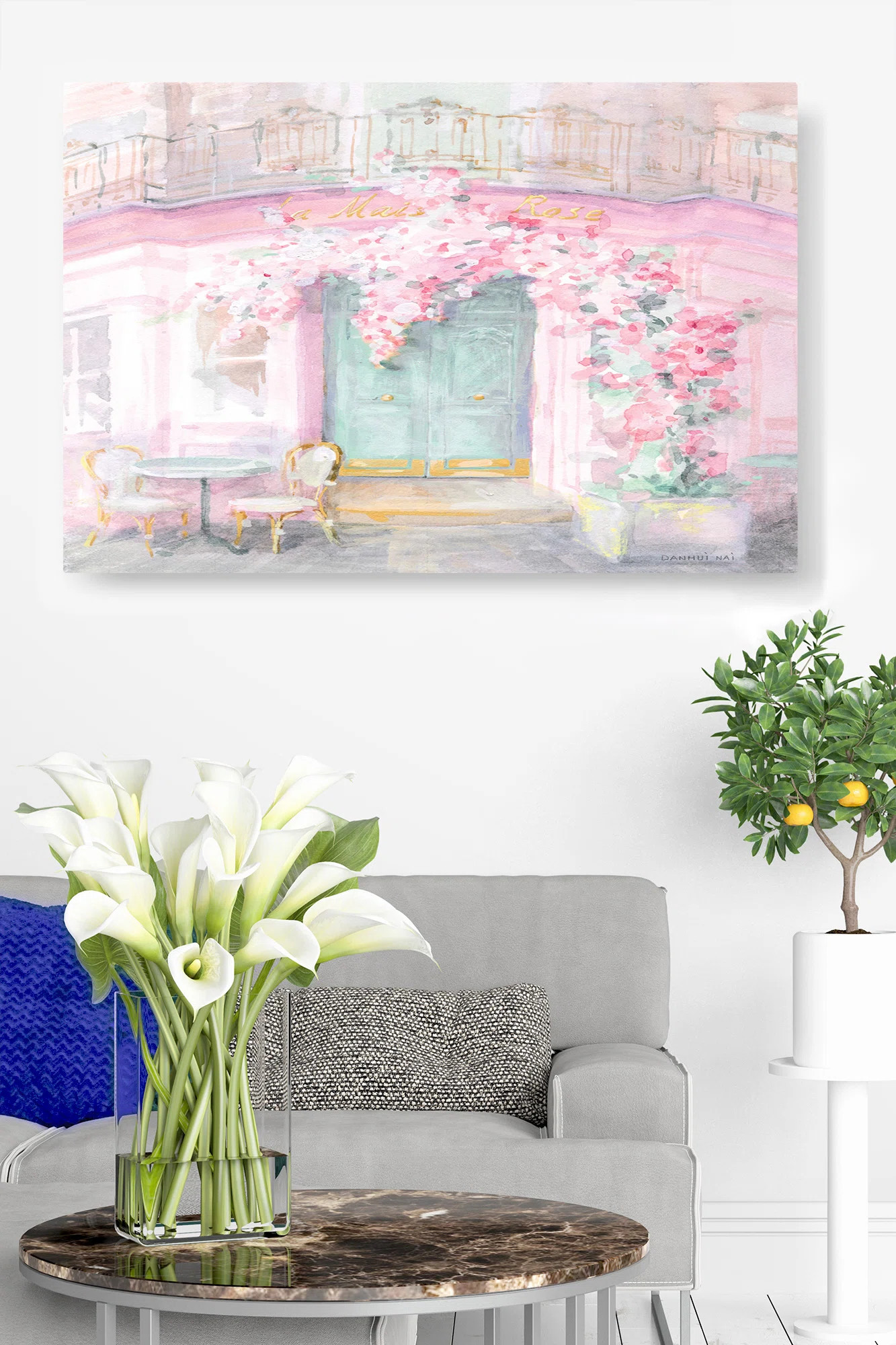Pink Street Scene, Dining, Flowers, Floral, La Mais Rose, Mint Green, Green, Gold, White, Bright,... | Wayfair North America