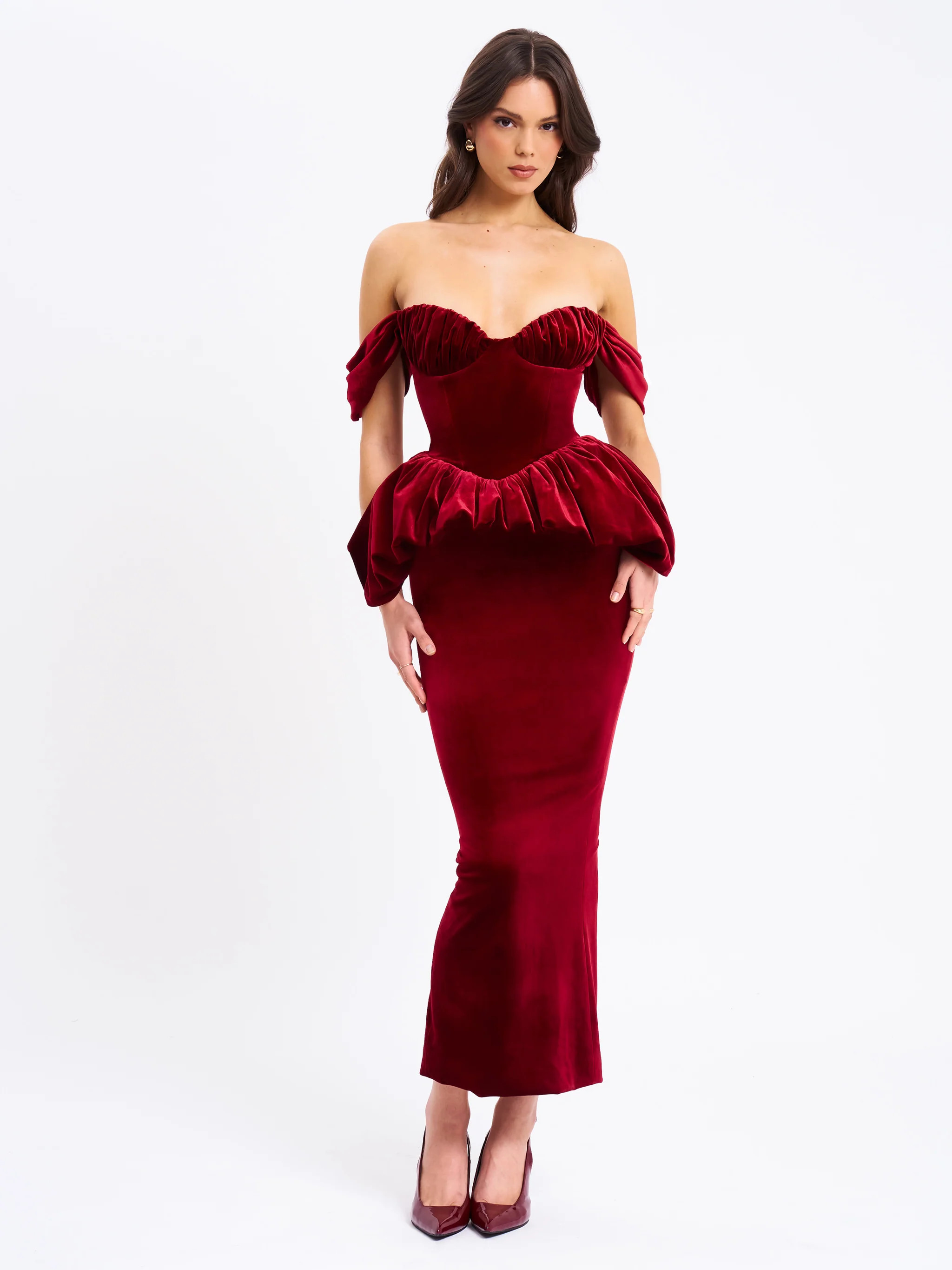 Abigail Velvet Off Shoulder Bubble Hem Peplum Maxi Dress | Miss Circle