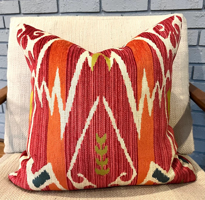 Orange, Pink, Blue, Green and White Tribal Ikat Pillow Cover / Designer Thibaut Nomad / Custom Ha... | Etsy (US)