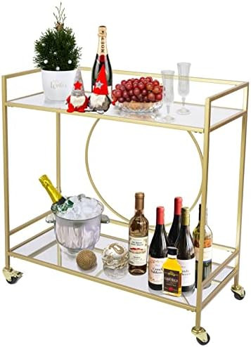 Large Gold Rolling Bar Cart with 2 Mirrored Shelves,, Wine Drink Trolley Cart with Lockable Wheel... | Amazon (US)