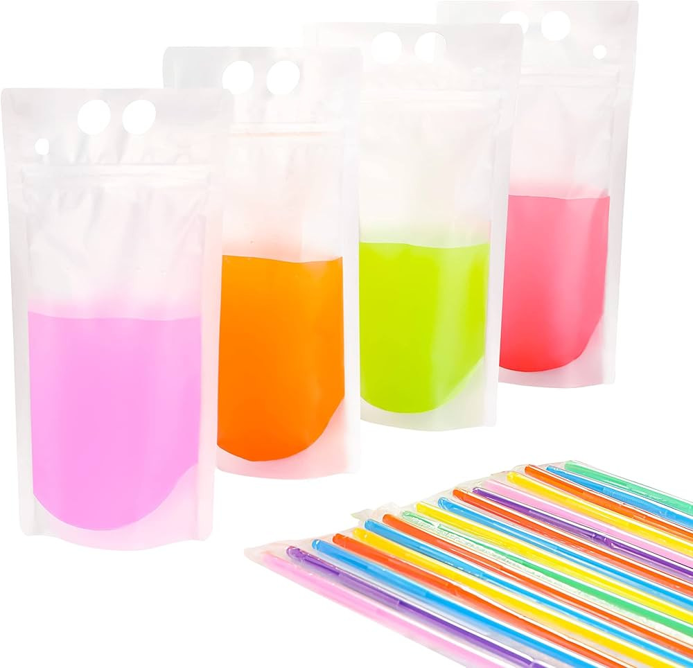 50 PCS Stand-Up Plastic Drink Pouches Bags with 50 Drink Straws, Heavy Duty Hand-Held Translucent... | Amazon (US)