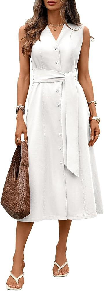 Women's Collared Shirt Dress V Neck Sleeveless Button Down Linen Midi Dresses with Belt | Amazon (US)
