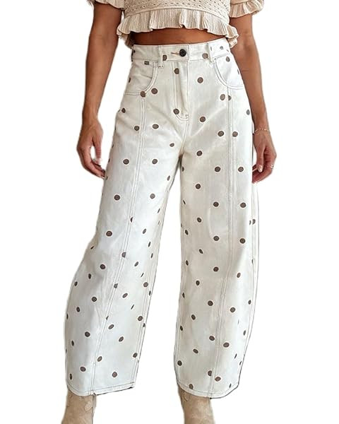 chouyatou Women's 2026 Polka Dot Pattern Barrel Jeans Boyfriend Y2K Casual Wide Leg Mid Rise Deni... | Amazon (US)