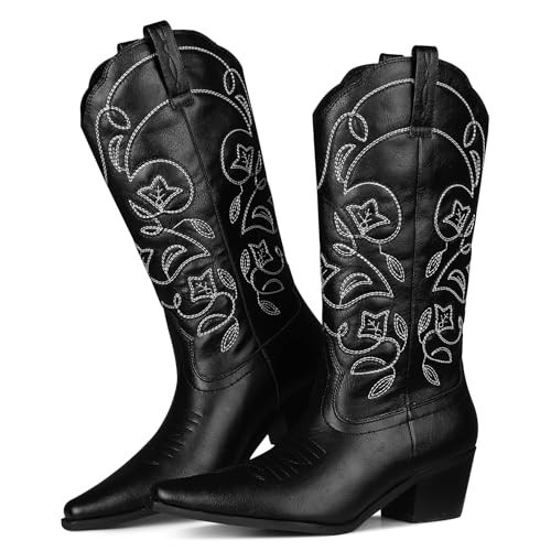 Attiposh Black Cowgirl Boots for Women, Pointed Toe Chunky Heel Cowboy Boots Western Style Embroidery Floral Mid Calf Boots Pull on Party Country Boots Vintage Fashion Dress Shoes Size 7.5 | Amazon (US)