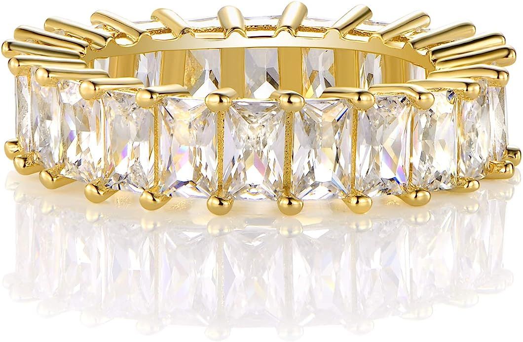 XBRN 14K Gold Plated Ring Cubic Zirconia Emerald Cut Eternity Ring Band for Women Men | Amazon (US)