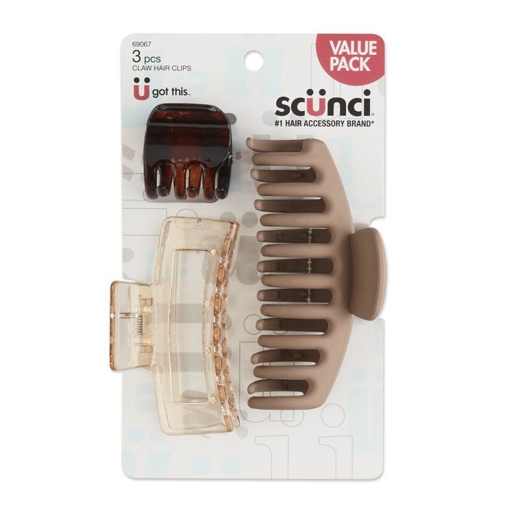 Scunci Plastic Claw Clips in Assorted Shapes and Sizes, Neutral Colors, 3ct | Walmart (US)