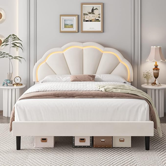 HIFIT Queen Upholstered Smart LED Bed Frame with Adjustable Chic Petal Headboard, Soft Princess Q... | Amazon (US)