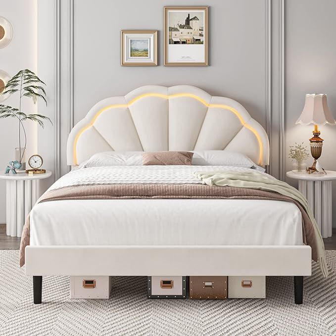 HIFIT Queen Upholstered Smart LED Bed Frame with Adjustable Elegant Flowers Headboard, Platform B... | Amazon (US)