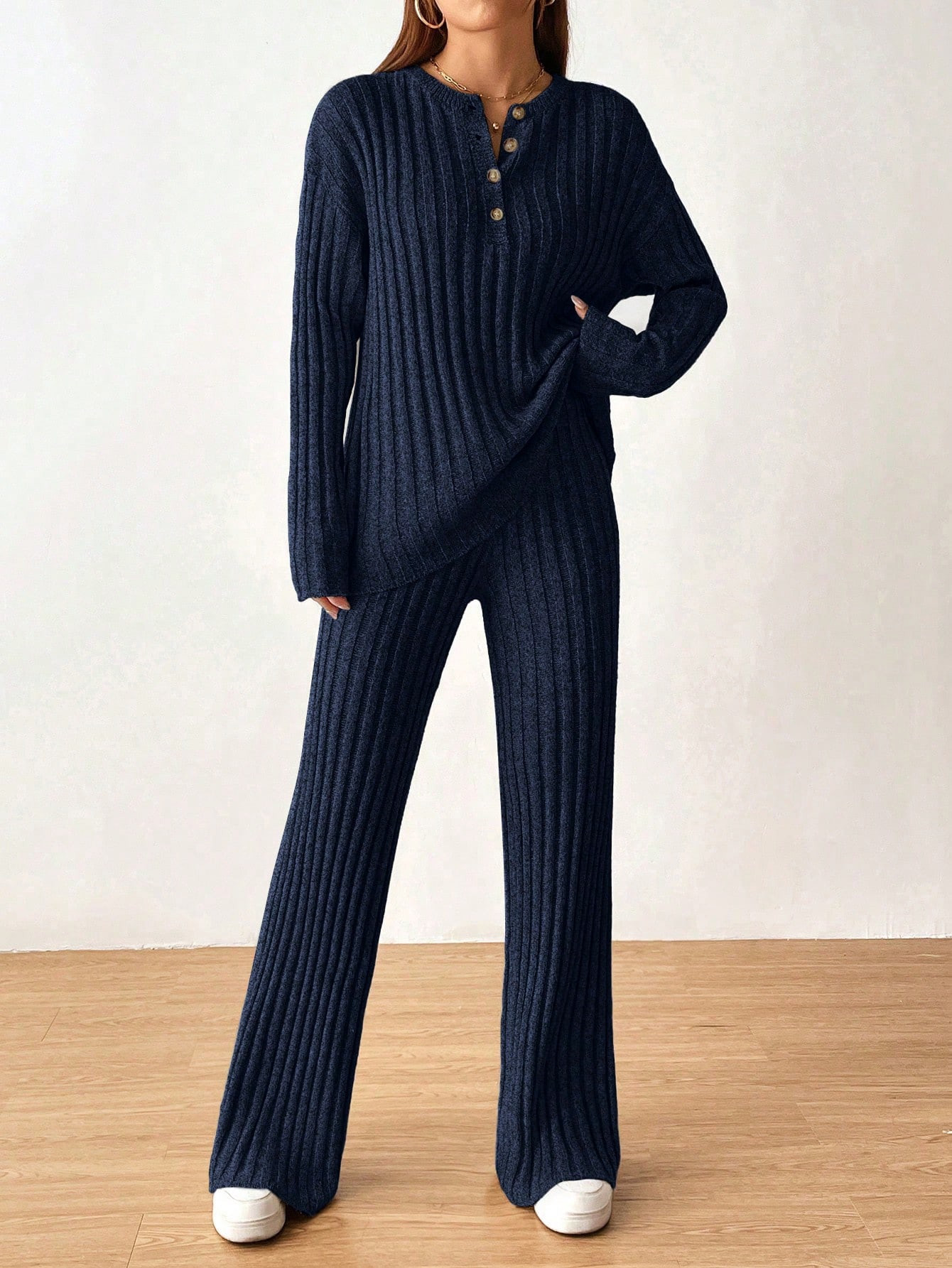 SHEIN Essnce Buttoned Half Placket Long Sleeve Knitted Sweater And Long Pants Set | SHEIN