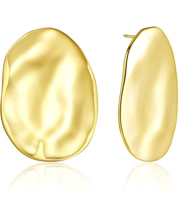 Oversized Organic-Shaped Earrings | 18K Gold Plated Large Shield Earrings Polished Statement Earr... | Amazon (US)