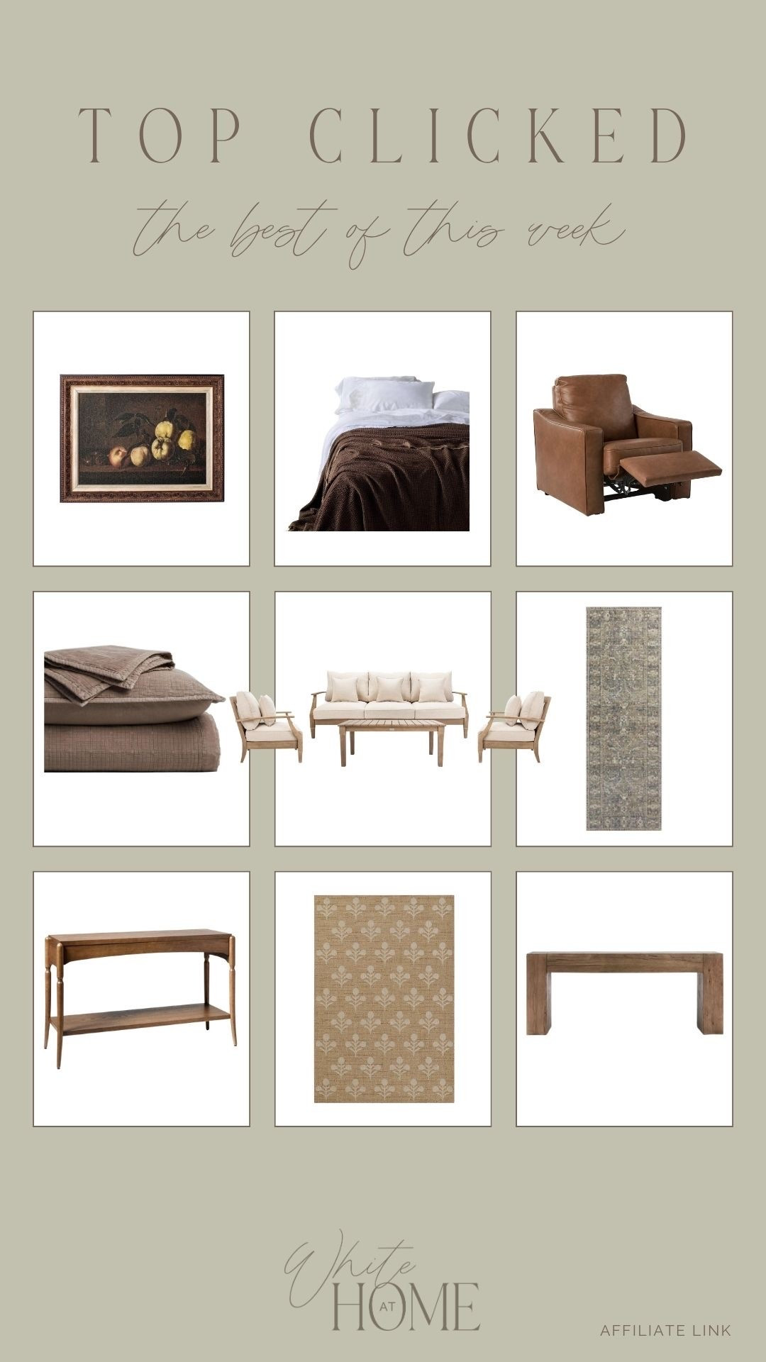 Last week’s top clicked! Transitional pieces for summer to fall, top selling rugs, affordable furniture, cozy art, and more!

#LTKHome