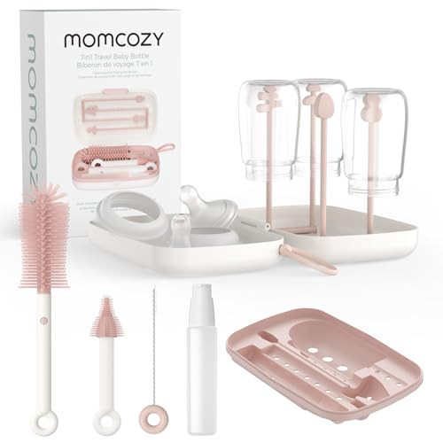 Momcozy Bottle Brush Set - Baby Bottle Cleaner Kit with Silicone Brush, Nipple Brush, Straw Brush, Soap Dispenser, Drying Rack - 7 in 1 Bottle Cleaning Tool for Home and Travel, Pink | Amazon (US)