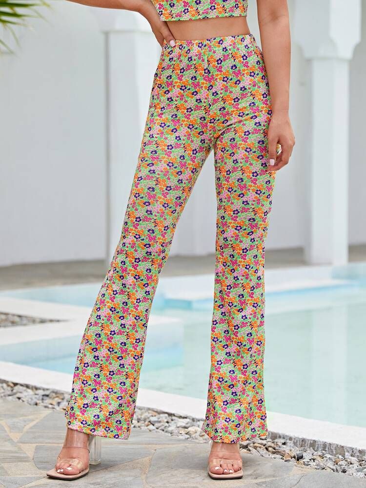 SHEIN Ditsy Floral Elastic Waist Flare Leg Pants | SHEIN