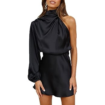 Women's Satin Long Sleeve One Shoulder Mini Dress Silk One Sleeve Turtle Neck Cut Out Cocktail Sh... | Amazon (US)