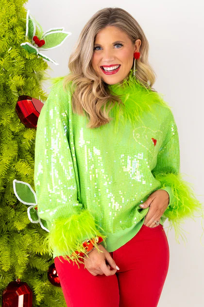 Queen Of Sparkles Sequin Feather Trim Grinch Heart Sweater | The Willow Tree
