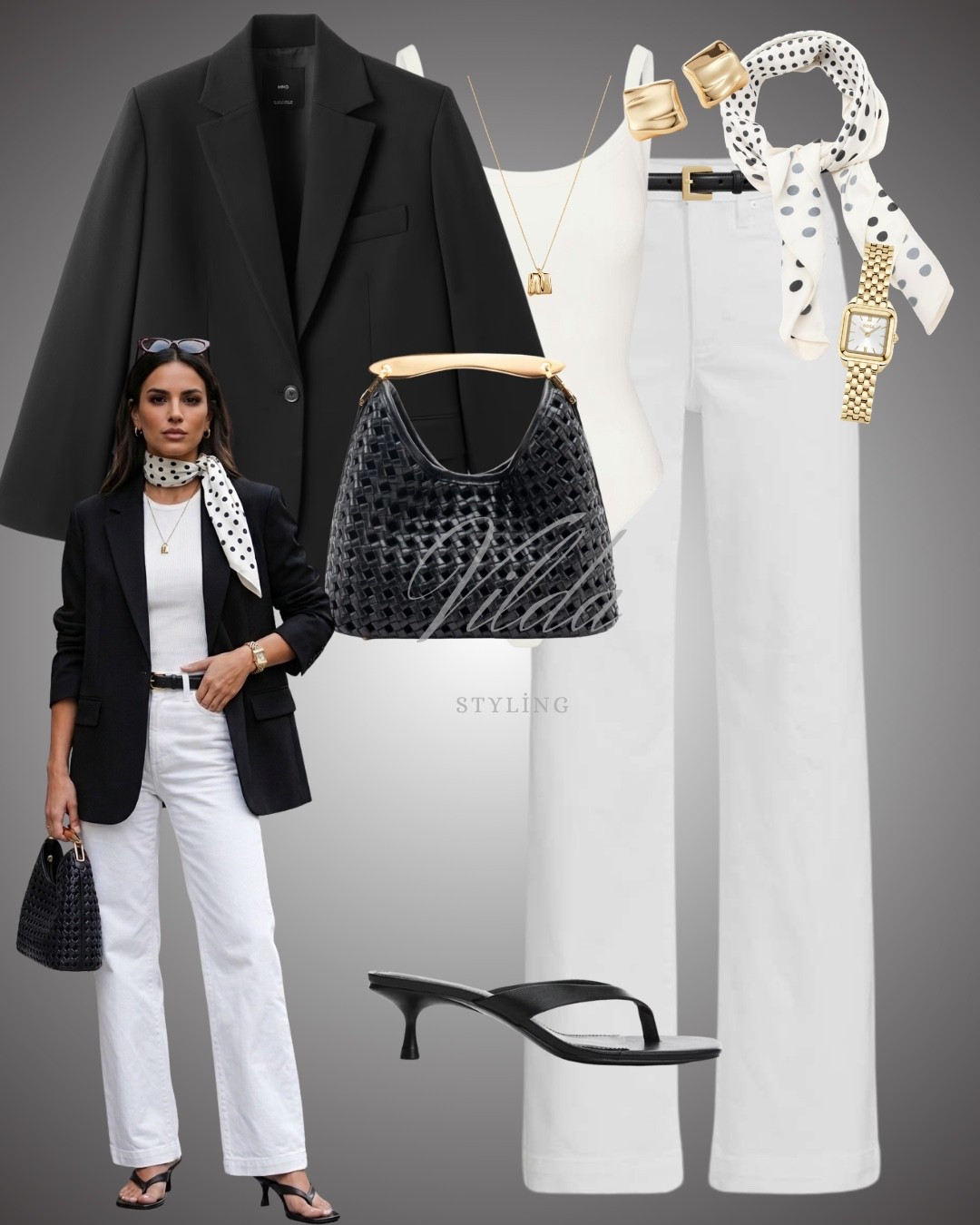 Elevate your everyday rotation with this sophisticated blend of crisp whites and structured blacks. A tailored blazer over a sleek bodysuit creates a polished silhouette, while white wide-leg denim keeps the look fresh and modern. It’s all in the details—the polka dot silk scarf and gold accents add that perfect touch of effortless Parisian chic. #BlackBlazer #WhiteDenim #StreetStyleInspo #CapsuleWardrobe #ClassyInteriors #EffortlessStyle #PolkaDotScarf 

#LTKeurope #LTKspring #LTKstyletip