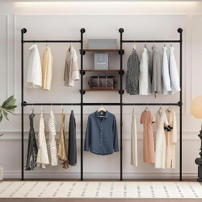 Industrial Pipe Wall-Mounted Clothes Rack with LED Lights, Heavy-Duty Garment/Wardrobe Rack with 3 Shelves for Walk-In Closet & Laundry Room, Black | Target