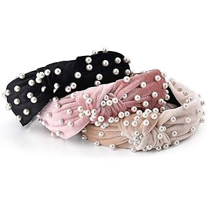 3 Pack Velvet Wide Headbands Knot Turban Headband Vintage Hairband with Faux Pearl Elastic Hair Hoop | Amazon (US)