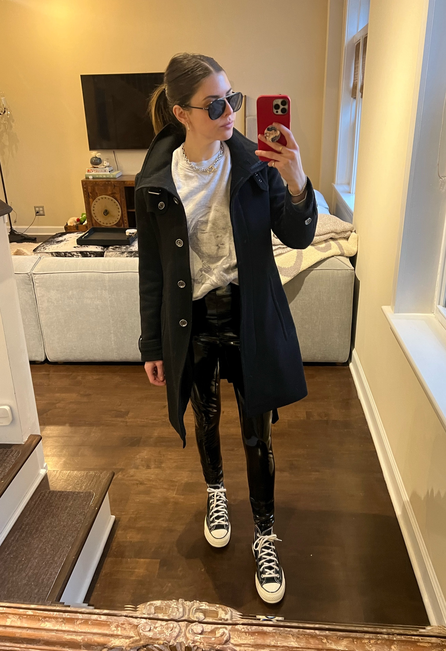 patent leather leggings styled for a cold weather daytime outfit

#LTKSeasonal #LTKstyletip #LTKfit