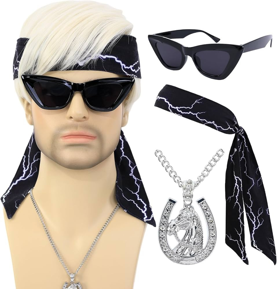 Short Blonde Cosplay Wig for Men with Necklace Headbands and Glasses Men’s Blond Costume Synthetic Hair Wigs for Halloween Party (Wig+Necklace+Headbands+Sunglasses) | Amazon (US)