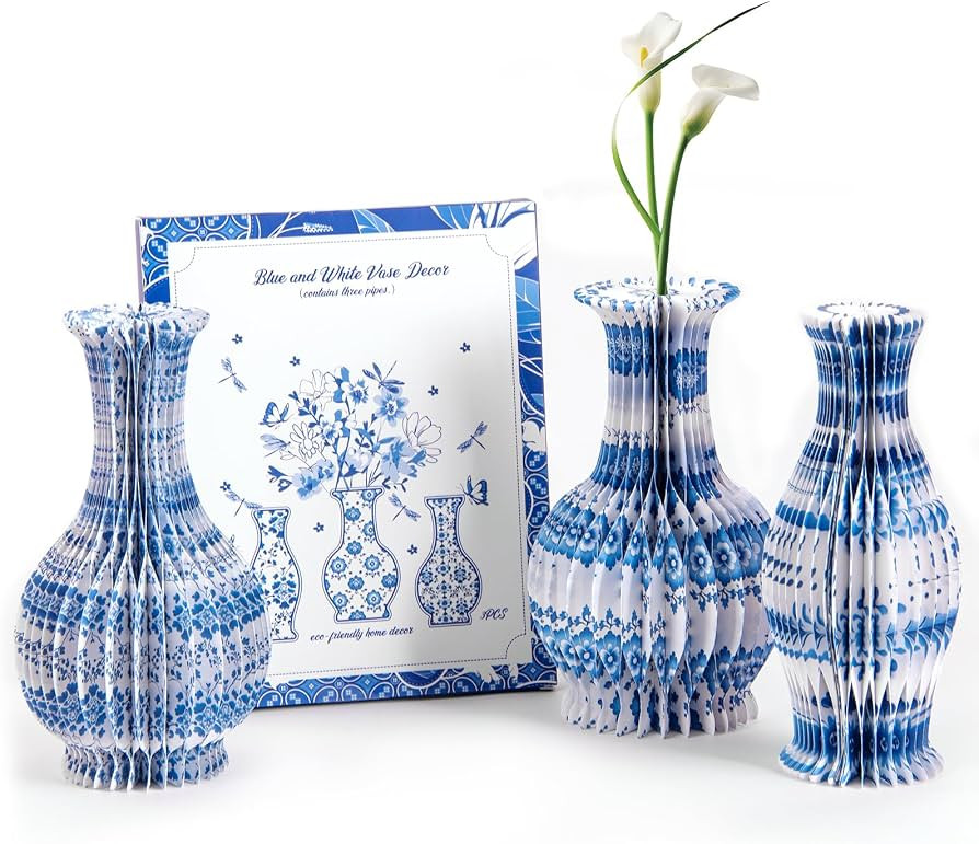 SUNBEAUTY 3 Pcs Blue and White Paper Honeycomb Vases, Mini Chinoiserie Vintage Paper Vase Set wit... | Amazon (US)