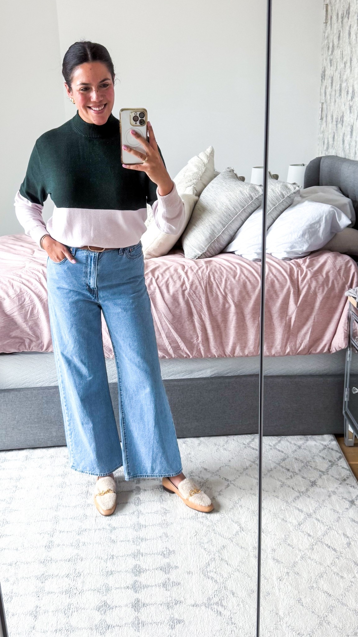 I love spring for many reasons, but especially because it’s finally loafer season! I paired these shearling Tory Burch loafers (super old, but linked similar) with Levi’s wide leg jeans and a colorblock cashmere sweater. Gold jewelry and a slick back hairstyle finished things off!

#LTKMidsize #LTKWorkwear #LTKSeasonal