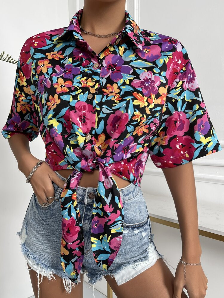 Allover Floral Print Knot Hem Blouse | SHEIN