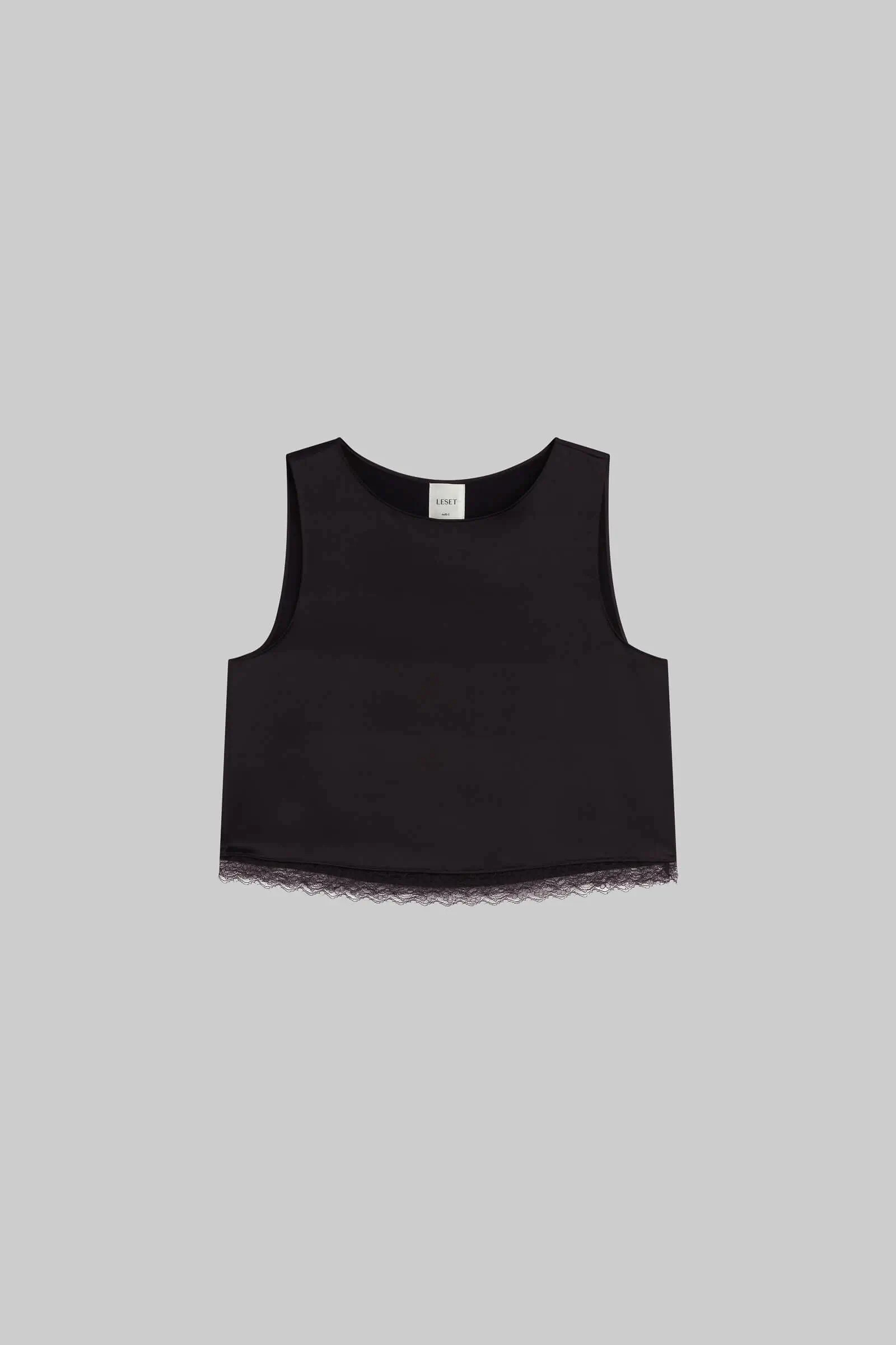 LESET Barb Lace Crop Sleeveless Crew in Chocolate in Satin | LESET