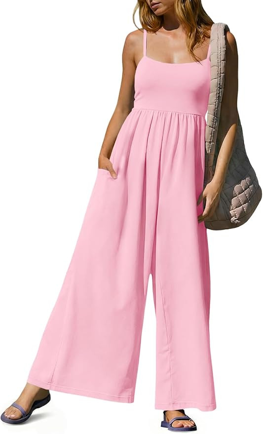Fisoew Womens Summer Jumpsuits One Piece Casual Loose Overalls Spaghetti Strap Wide Leg Rompers w... | Amazon (US)